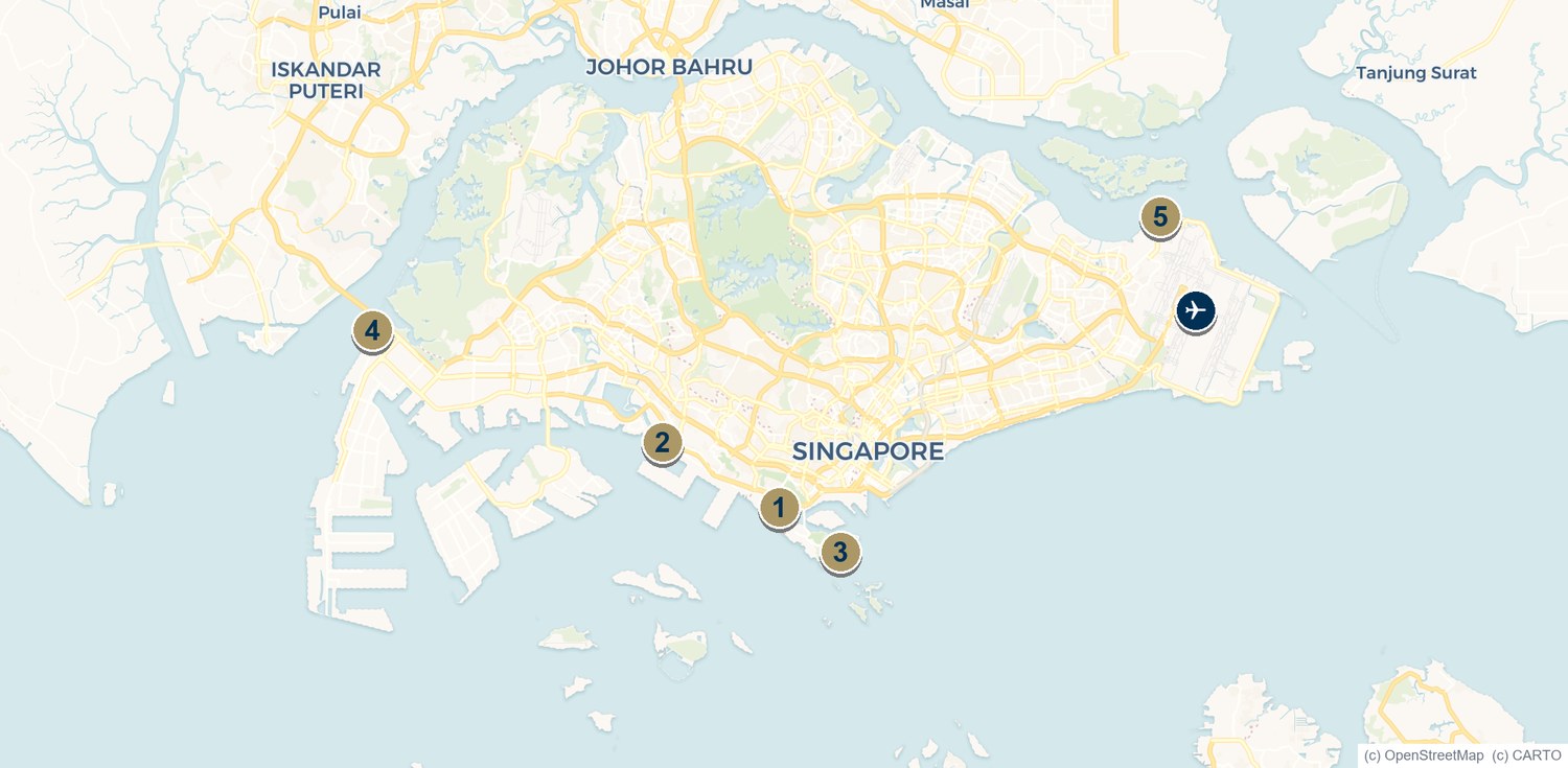 Map of Singapore showing the five main marinas and Changi Airport