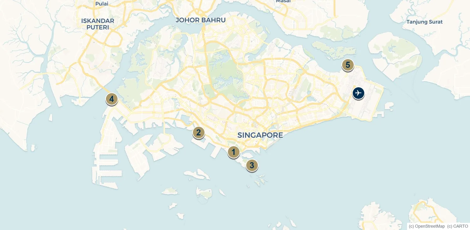 Map of Singapore showing the five main marinas and Changi Airport