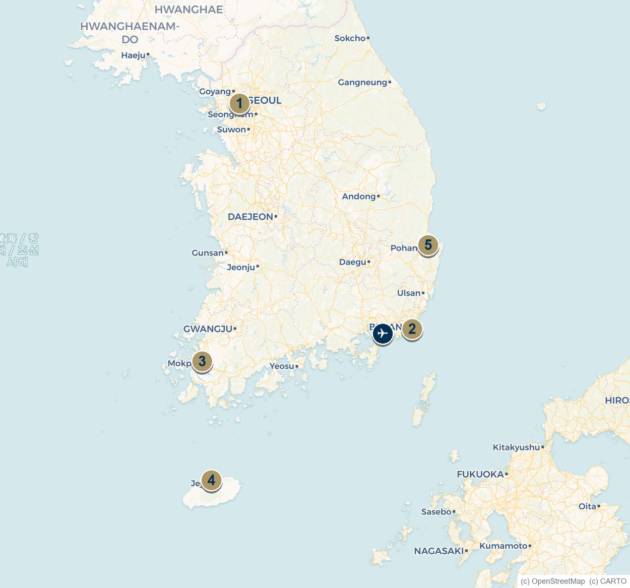 Map of South Korea's marinas and anchorages at Seoul, Busan, Mokpo, Jeju and Pohang