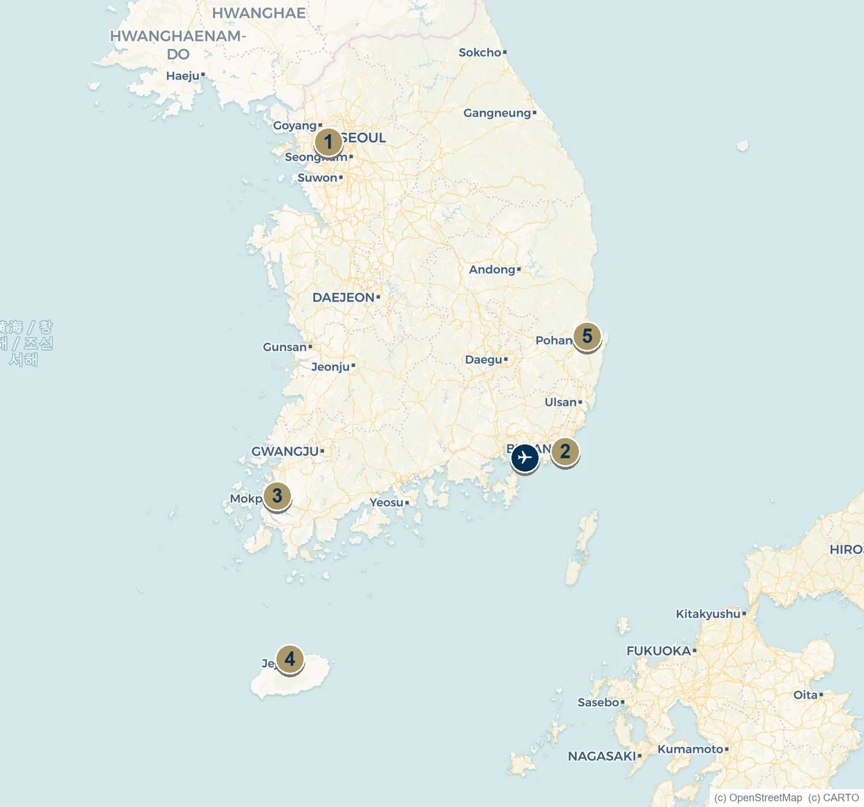 Map of South Korea's marinas and anchorages at Seoul, Busan, Mokpo, Jeju and Pohang