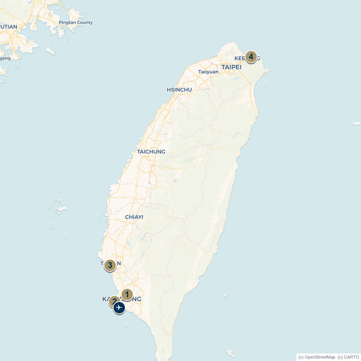Map of Taiwan's marinas at Kaohsiung, Tainan and Keelung