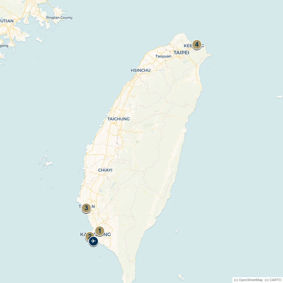 Map of Taiwan's marinas at Kaohsiung, Tainan and Keelung