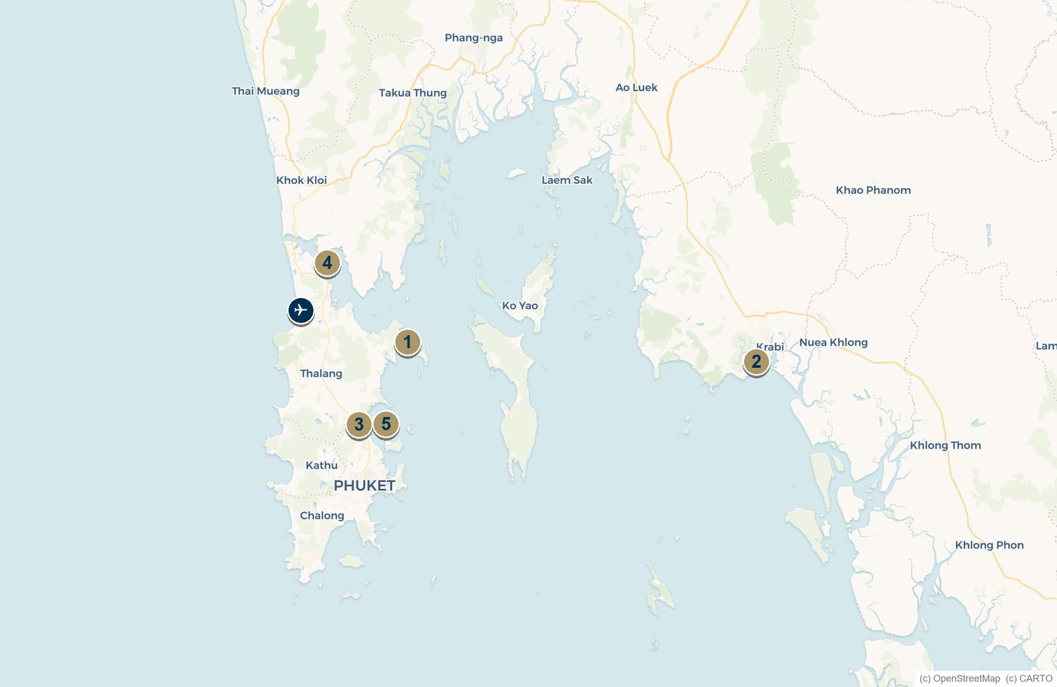 Map of the Phuket and Krabi superyacht marinas on Thailand's Andaman coast