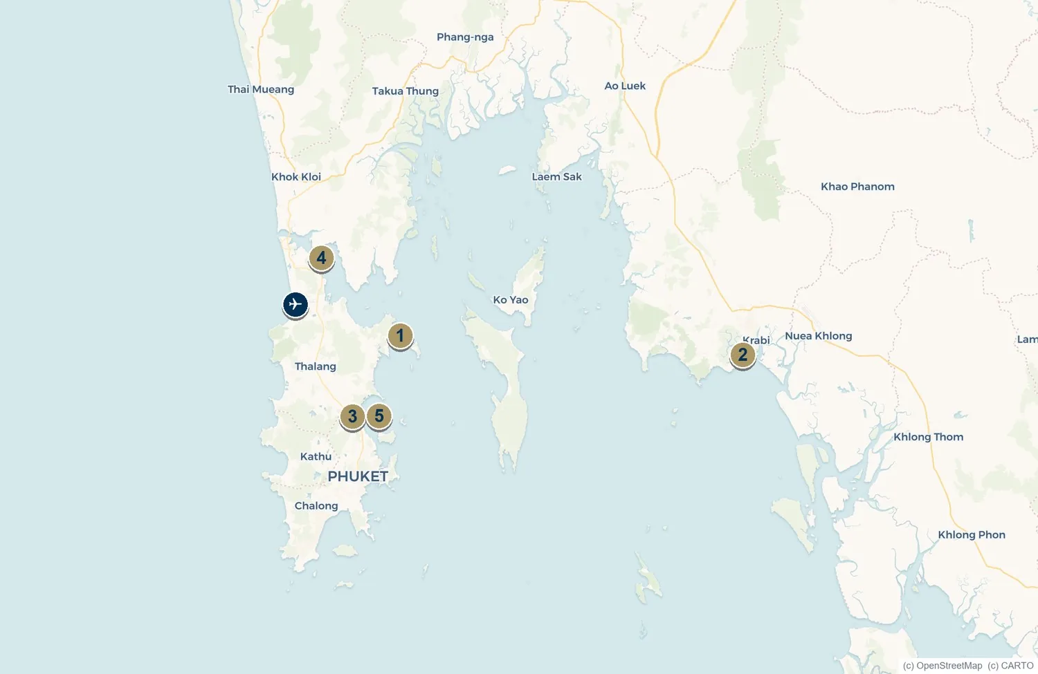 Map of the Phuket and Krabi superyacht marinas on Thailand's Andaman coast