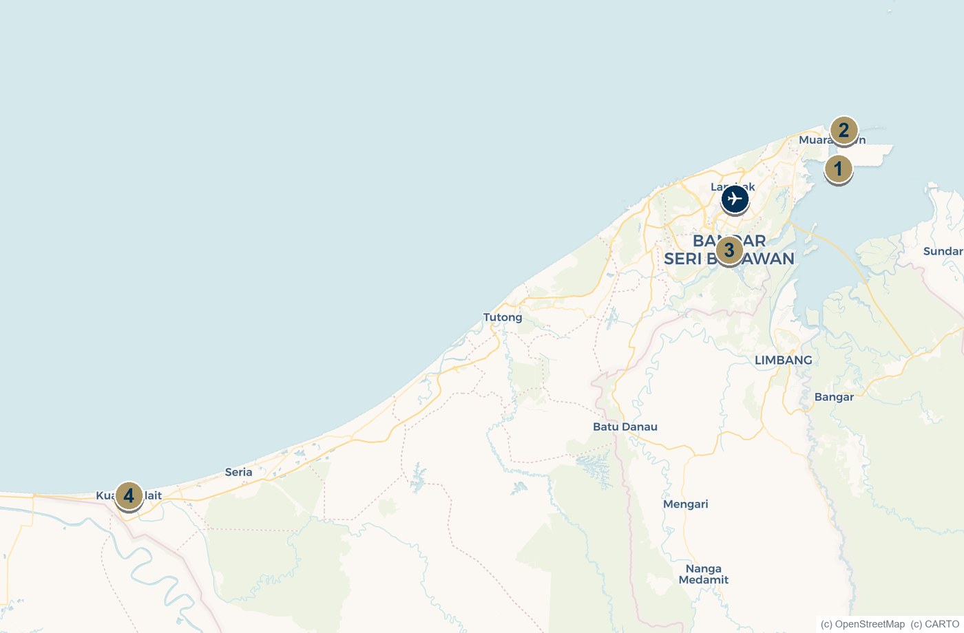 Map of Brunei showing the Royal Brunei Yacht Club, Muara, Bandar Seri Begawan and Kuala Belait