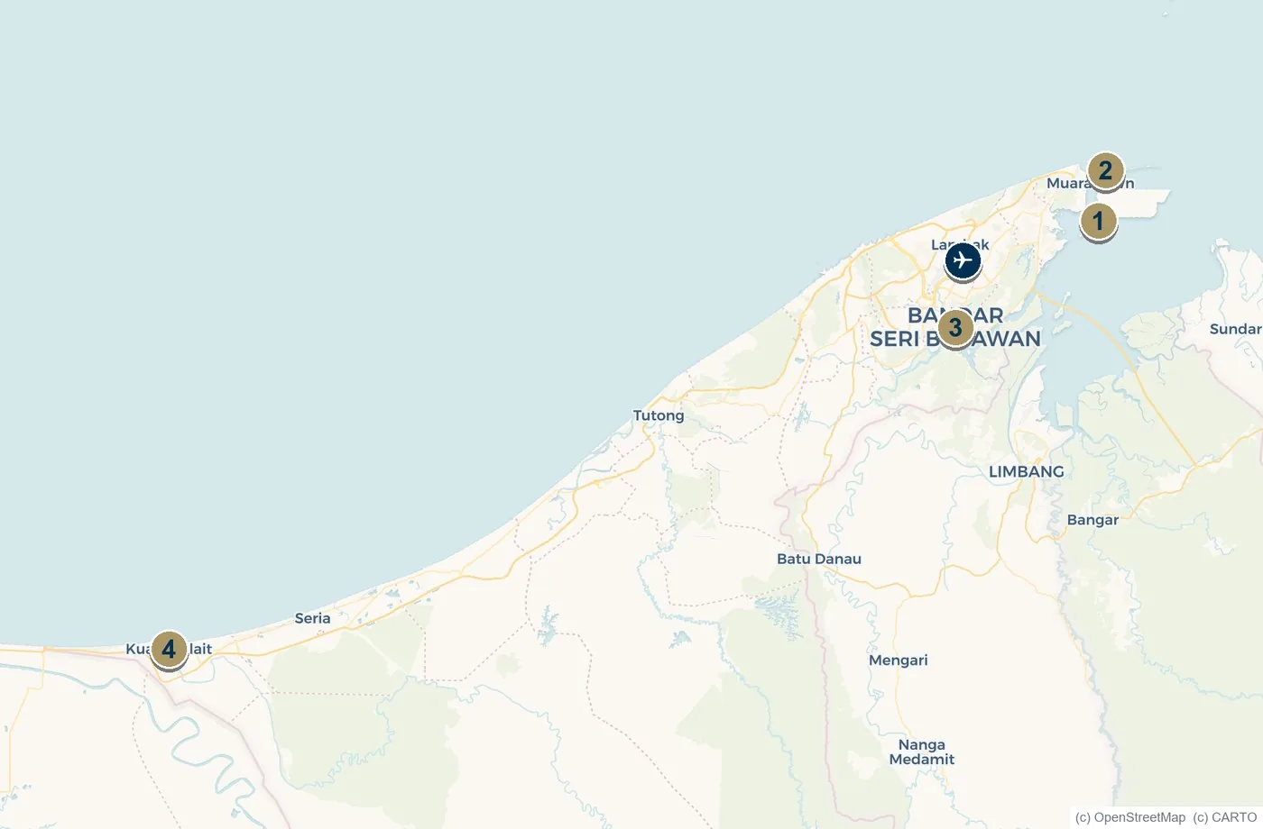 Map of Brunei showing the Royal Brunei Yacht Club, Muara, Bandar Seri Begawan and Kuala Belait