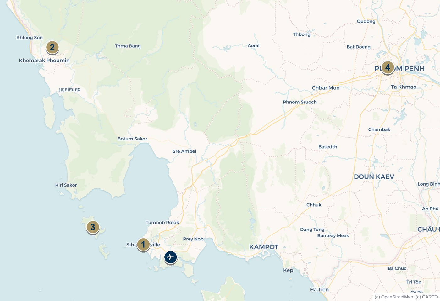 Map of Cambodia showing Sihanoukville, Koh Kong, Koh Rong and Phnom Penh