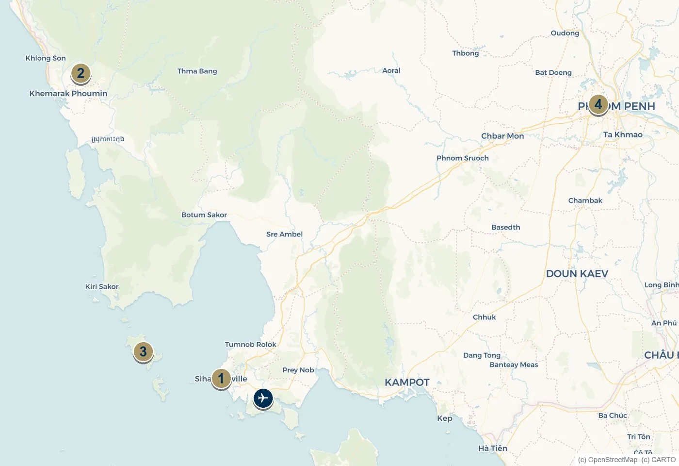 Map of Cambodia showing Sihanoukville, Koh Kong, Koh Rong and Phnom Penh