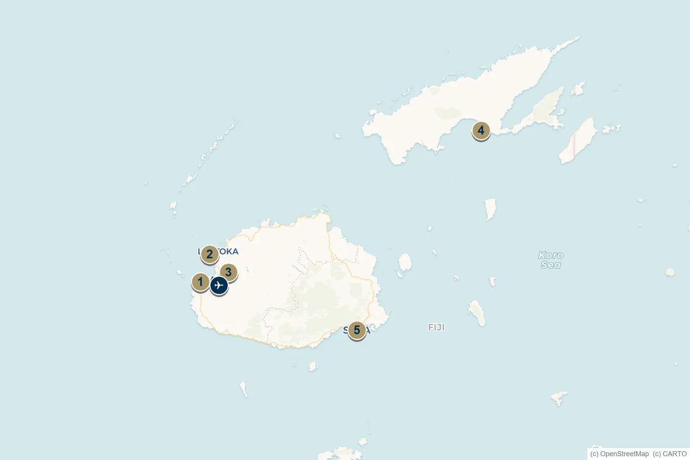 Map of Fiji's marinas at Port Denarau, Vuda Point, Musket Cove, Savusavu and Suva