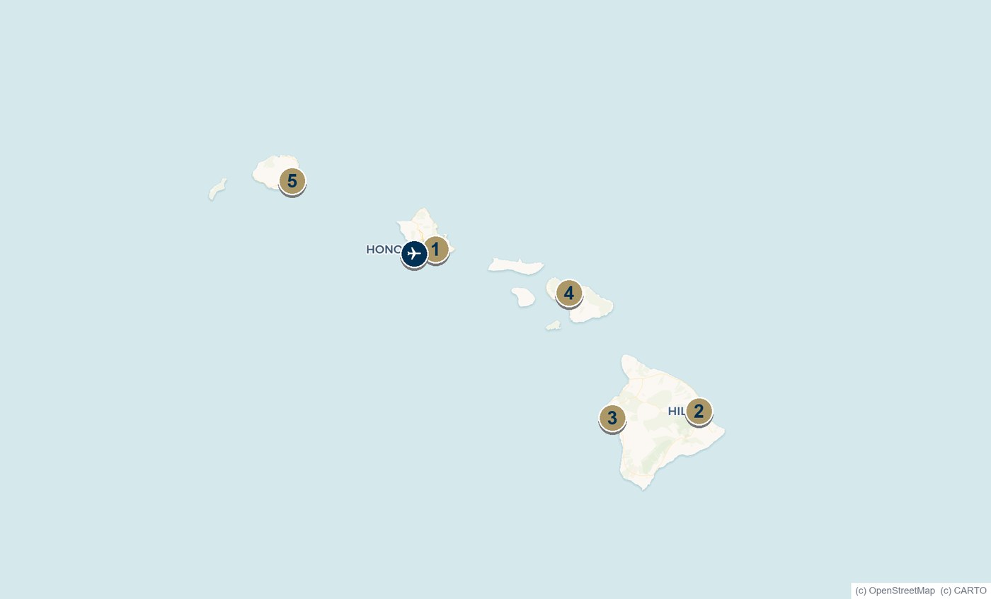Map of the Hawaiian Islands showing Honolulu, Hilo, Kona, Kahului and Lihue