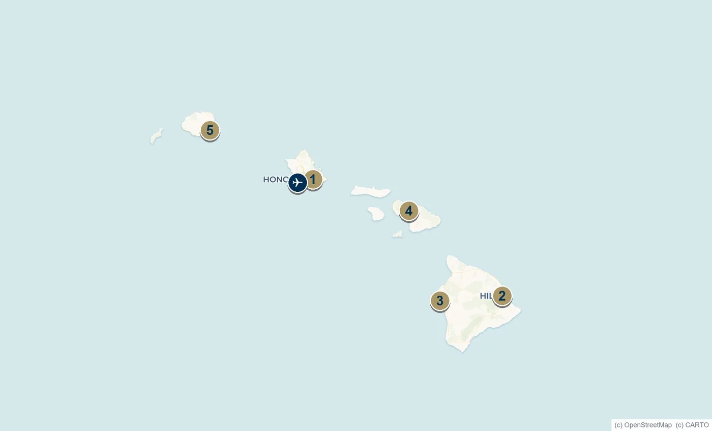 Map of the Hawaiian Islands showing Honolulu, Hilo, Kona, Kahului and Lihue