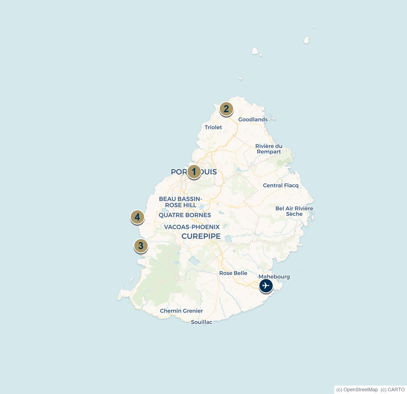 Map of Mauritius showing Port Louis, Grand Baie, Tamarin and Flic en Flac
