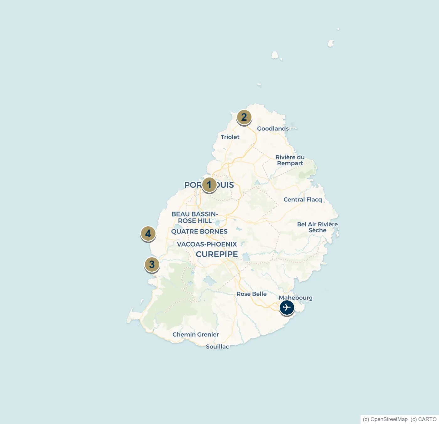Map of Mauritius showing Port Louis, Grand Baie, Tamarin and Flic en Flac