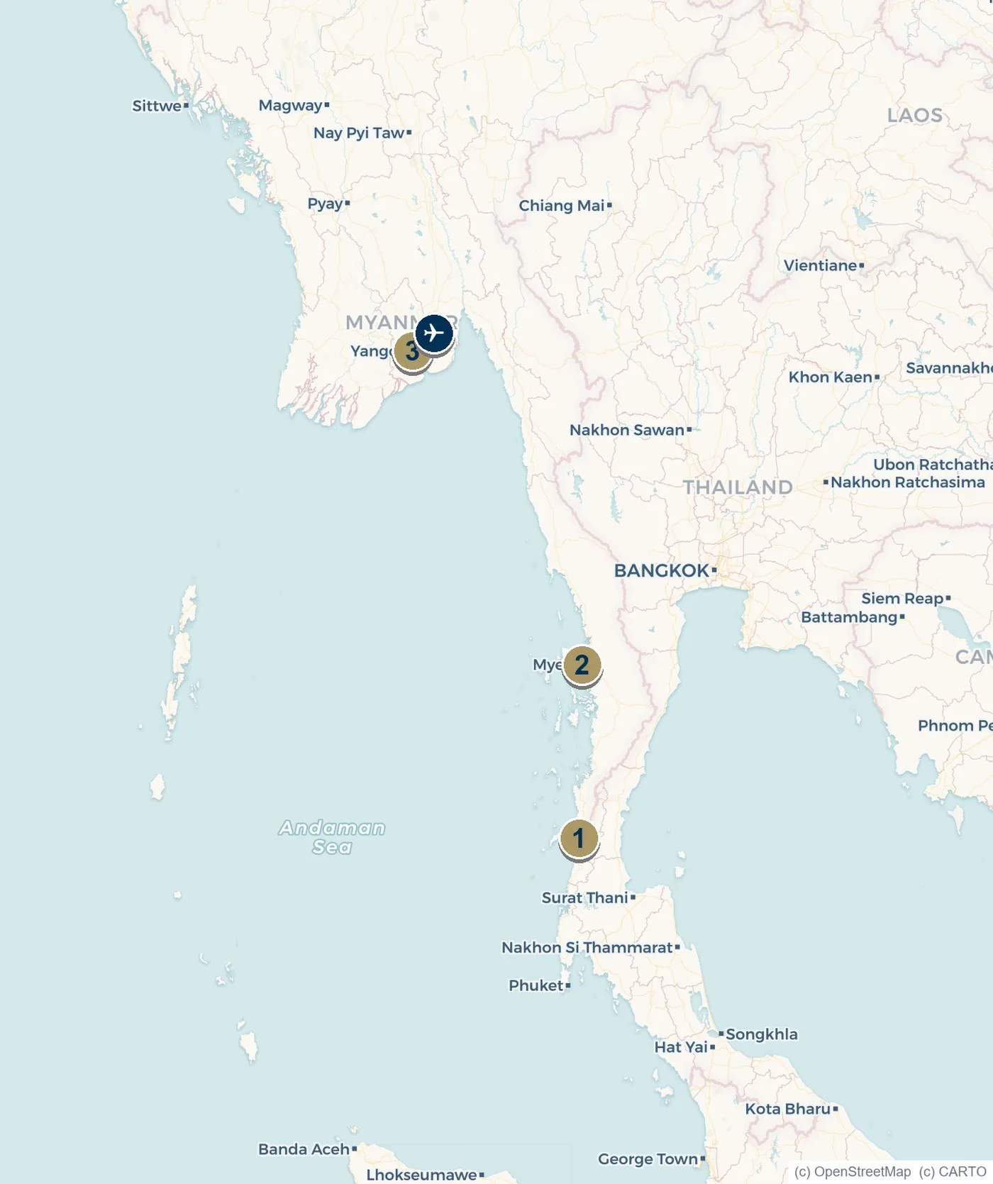 Map of Myanmar showing the Mergui Archipelago, Kawthaung, Myeik and Yangon