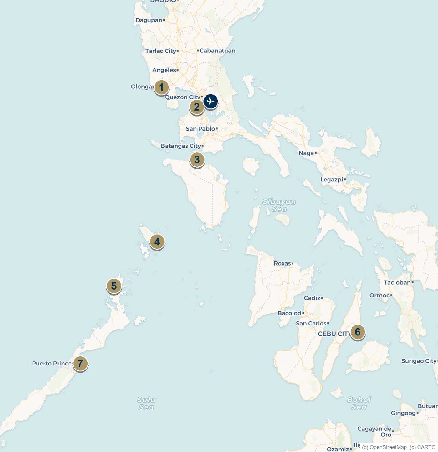 Map of the Philippines showing Subic Bay, Manila, Puerto Galera, Coron, El Nido, Cebu and Puerto Princesa