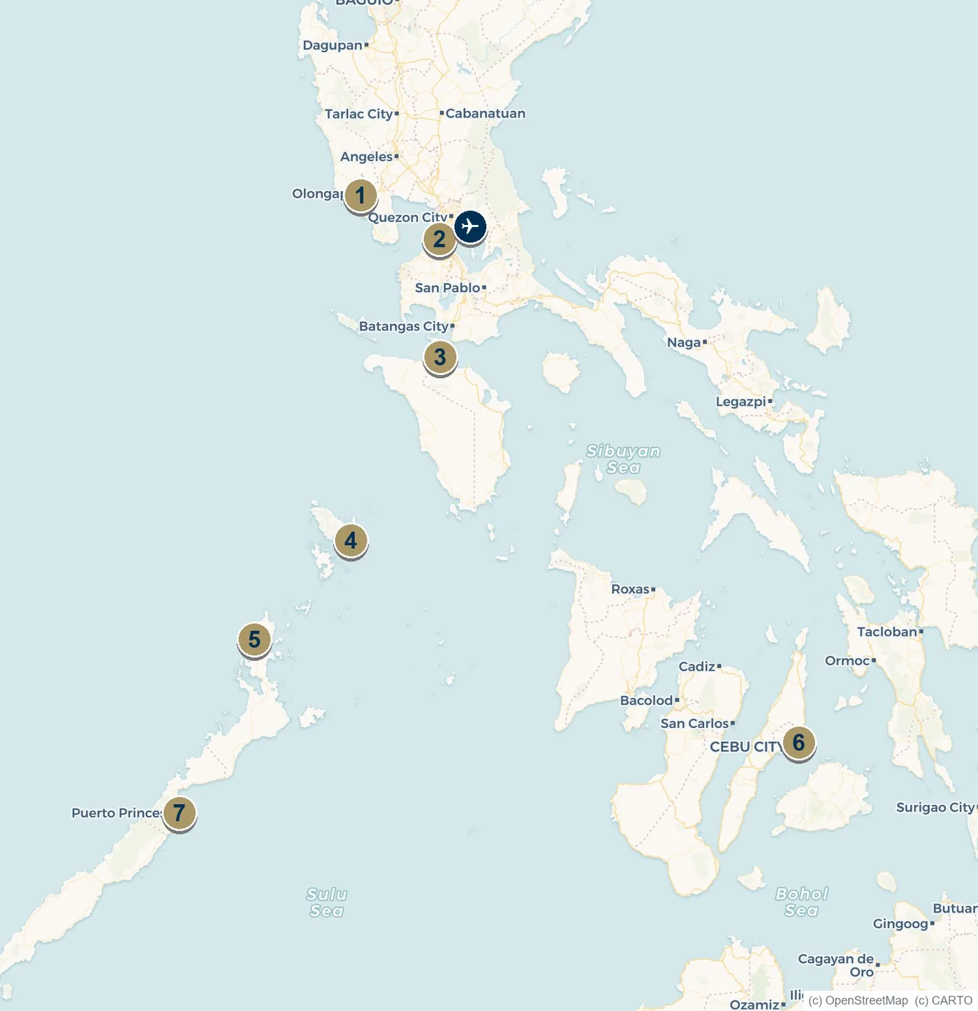 Map of the Philippines showing Subic Bay, Manila, Puerto Galera, Coron, El Nido, Cebu and Puerto Princesa