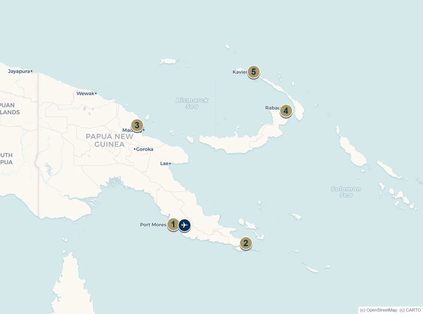 Map of Papua New Guinea showing Port Moresby, Milne Bay, Madang, Rabaul and Kavieng
