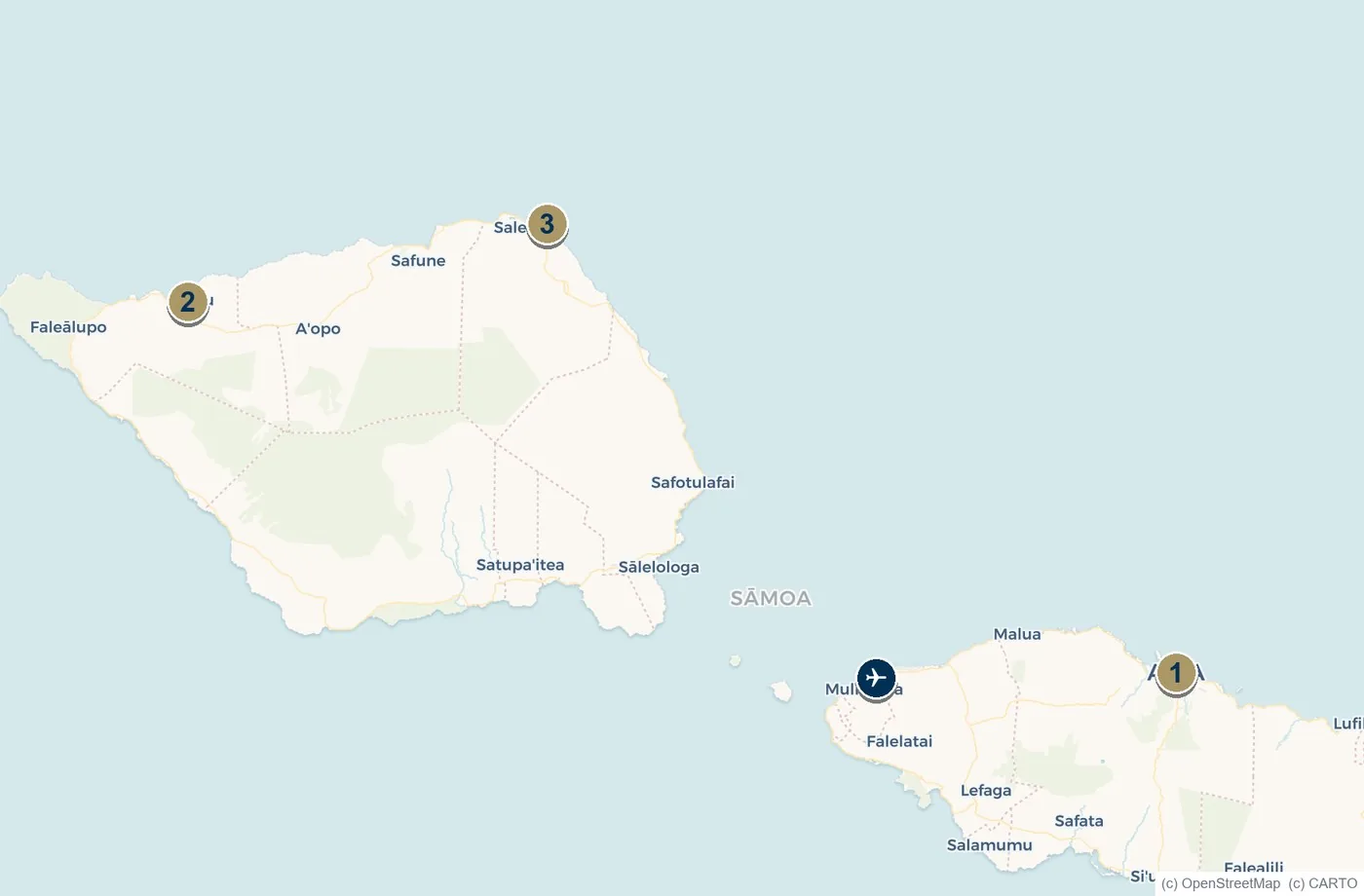 Map of Samoa showing Apia on Upolu and Asau and Matautu on Savaii