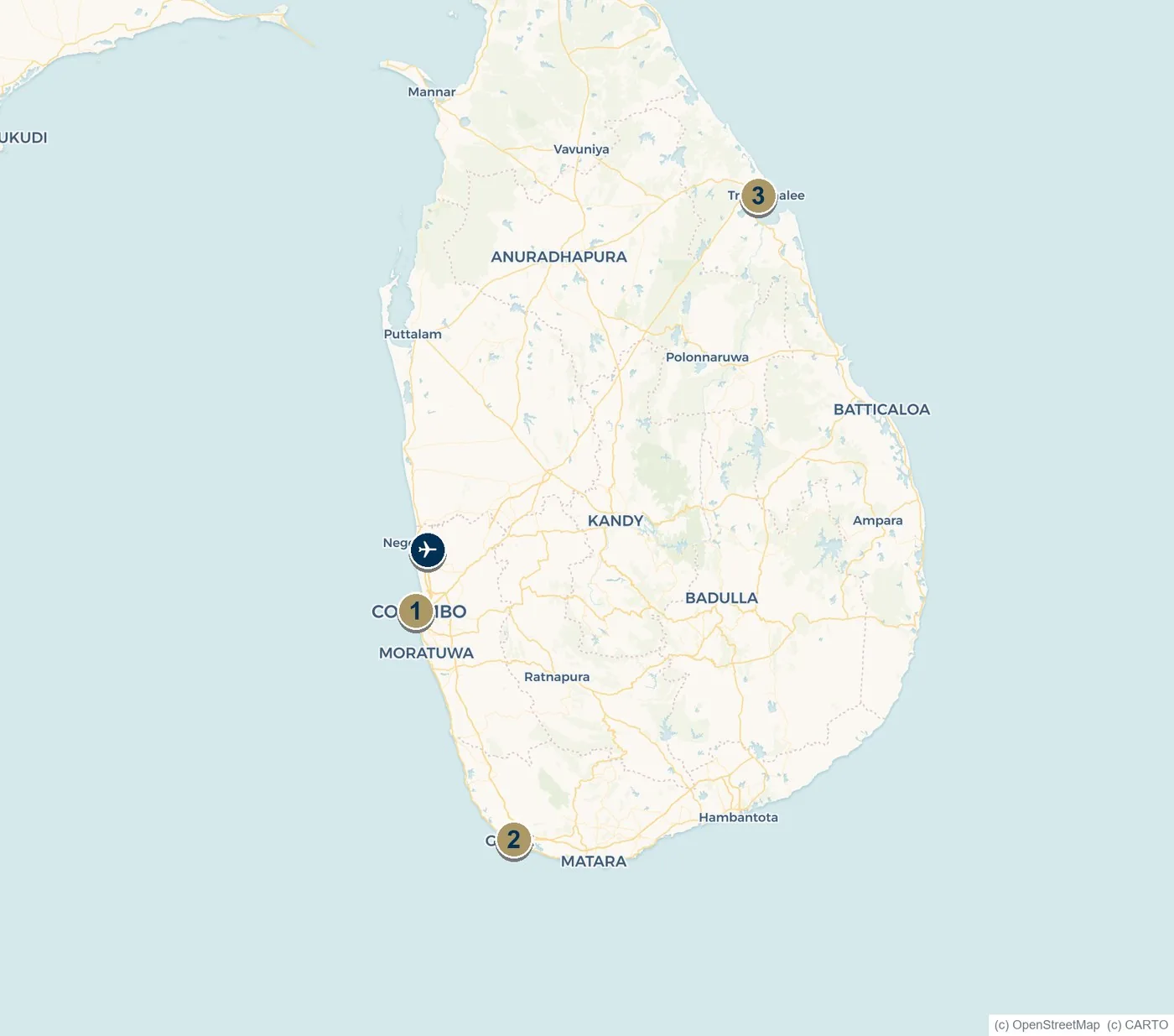 Map of Sri Lanka showing Colombo, Galle and Trincomalee