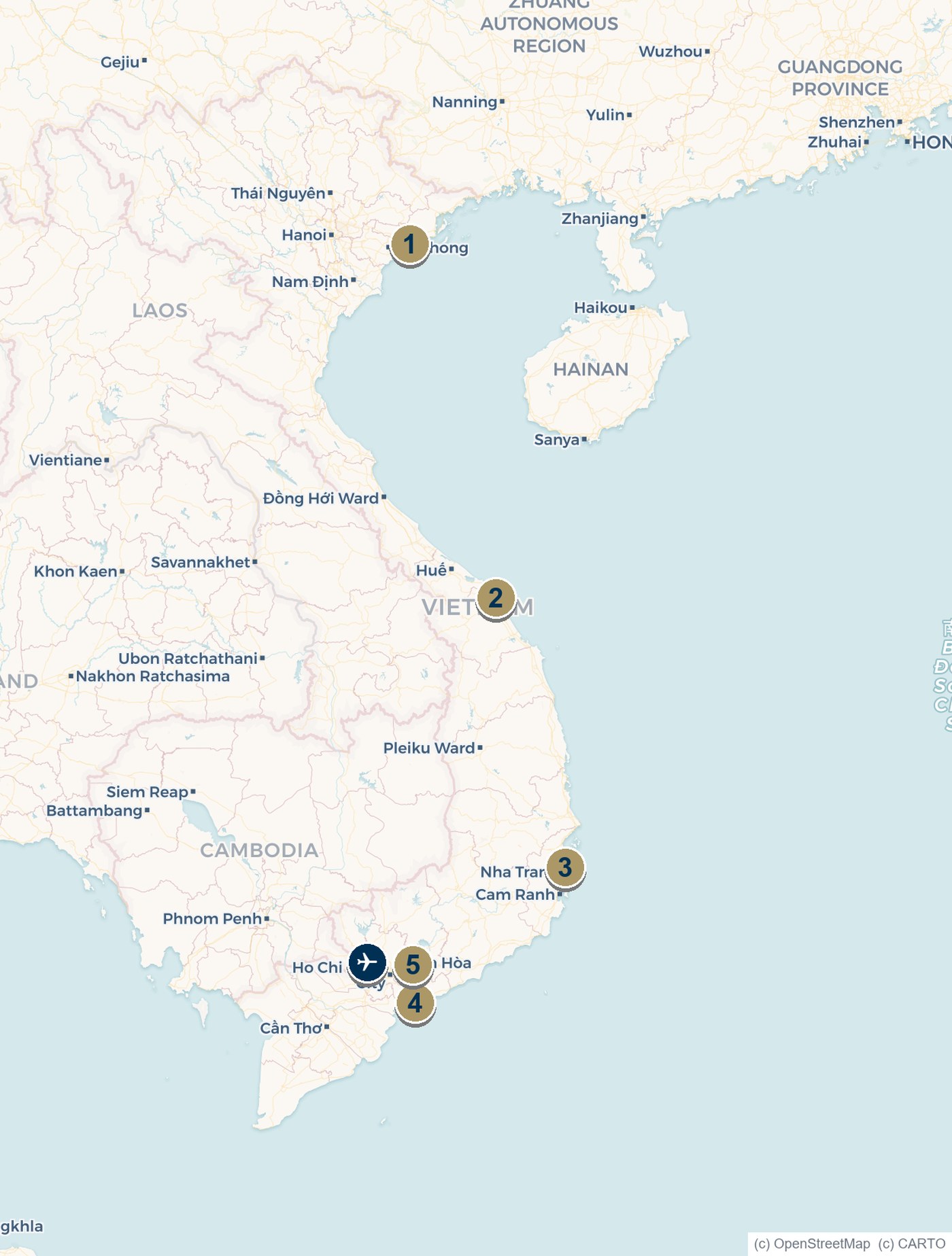 Map of Vietnam showing marinas at Ha Long, Da Nang, Nha Trang, Vung Tau and Ho Chi Minh City