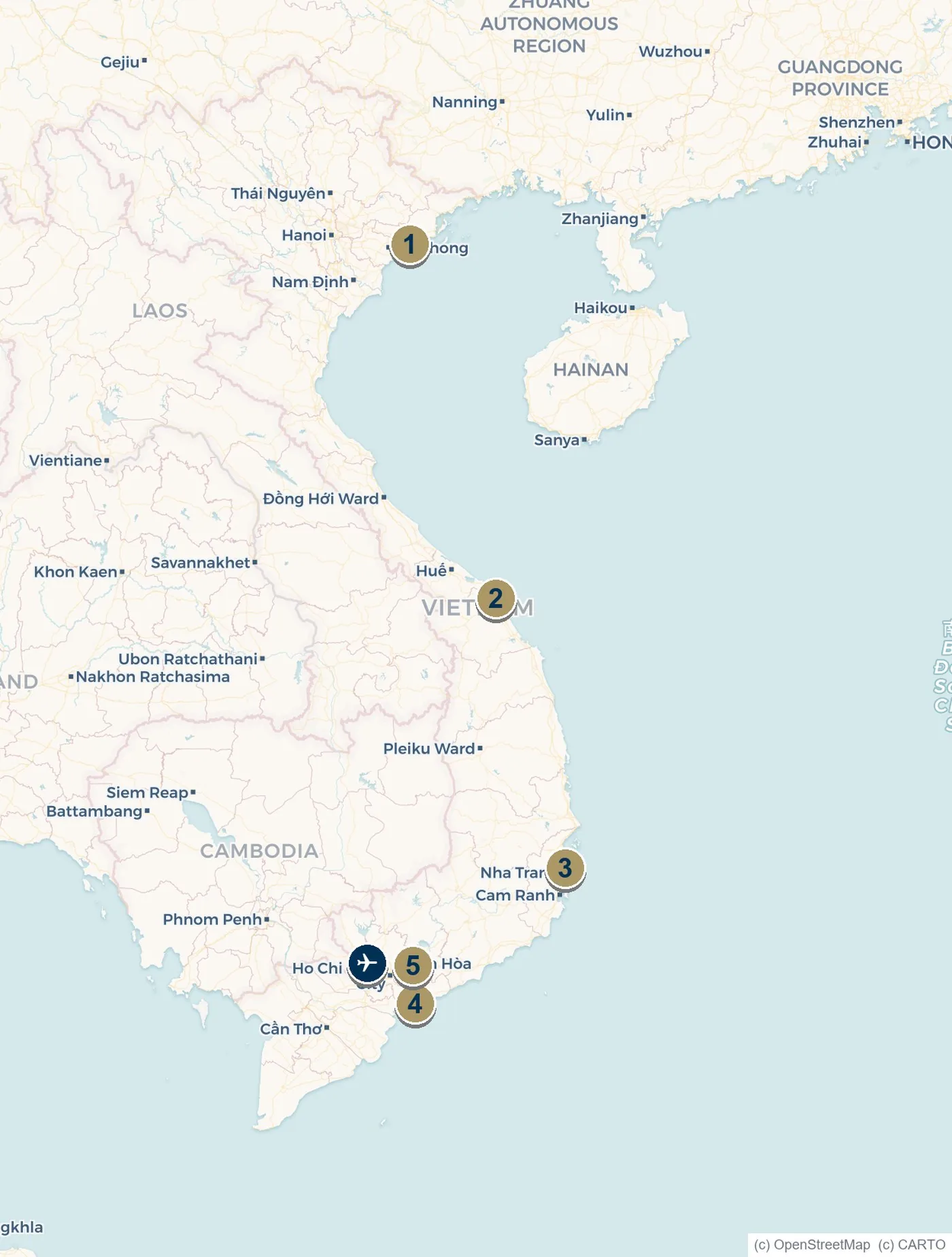 Map of Vietnam showing marinas at Ha Long, Da Nang, Nha Trang, Vung Tau and Ho Chi Minh City