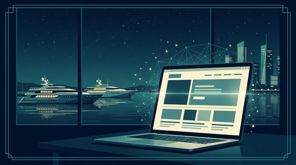 Illustration of a laptop showing a website, with superyachts and a city skyline at night behind it