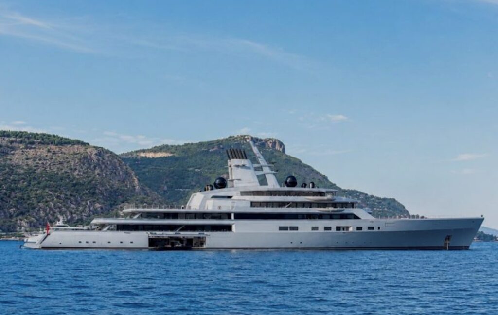 Superyacht at anchor on the Mediterranean coast