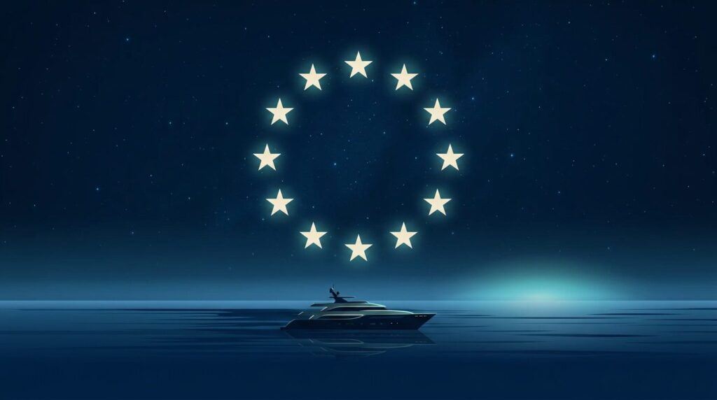 A ring of stars over a motor yacht on calm night water