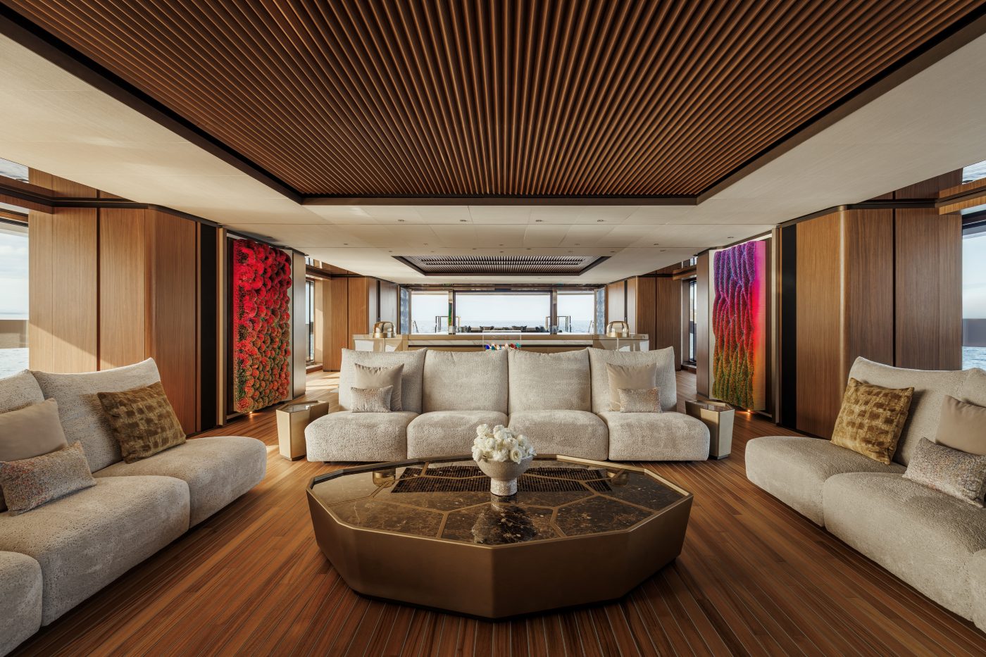 The main salon of a Sanlorenzo Steel series superyacht