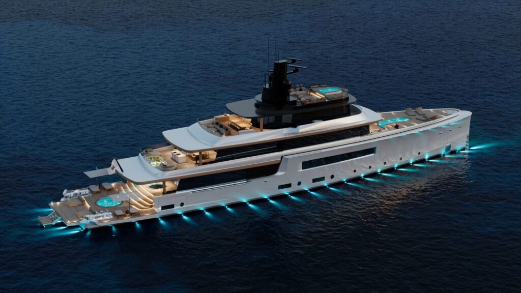 The 62-metre Camper & Nicholsons Design Studio concept at night