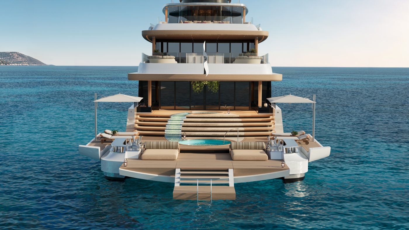 The two interconnected pools at the stern