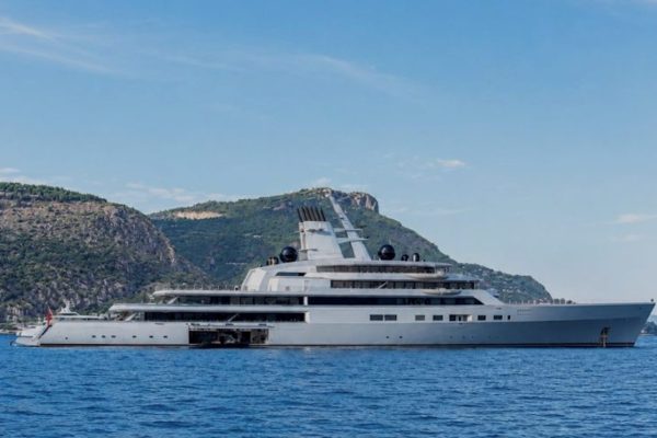 Superyacht at anchor on the Mediterranean coast