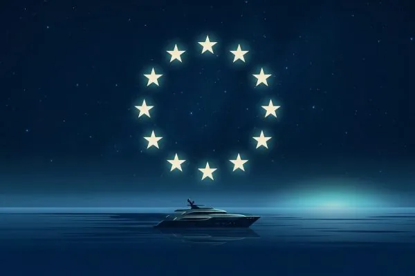 A ring of stars over a motor yacht on calm night water
